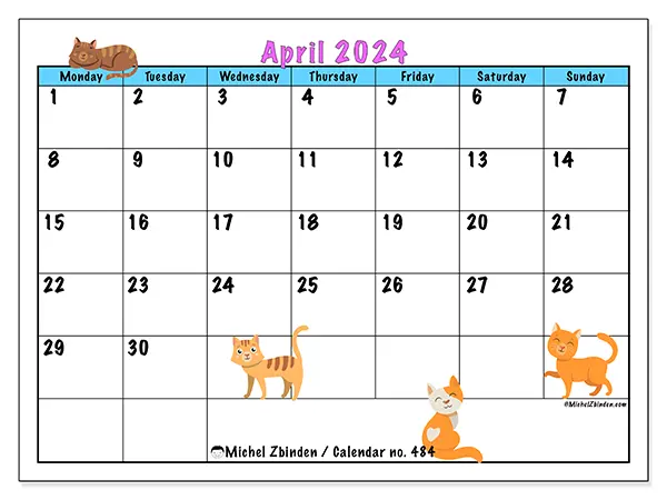 Free printable calendar no. 484 for April 2024. Week: Monday to Sunday.