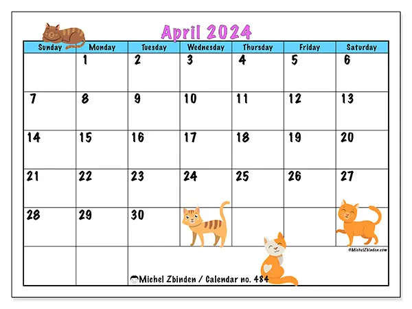 Free printable calendar no. 484 for April 2024. Week: Sunday to Saturday.