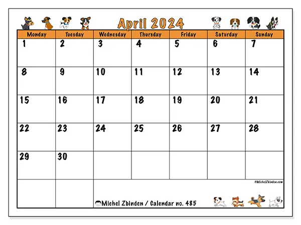 Free printable calendar no. 485, April 2025. Week:  Monday to Sunday