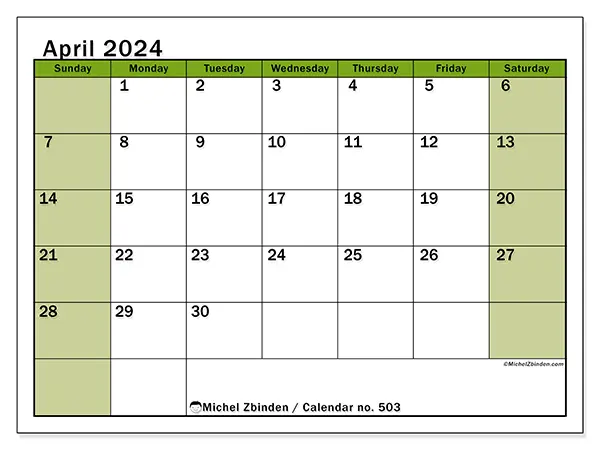 Free printable calendar no. 503 for April 2024. Week: Sunday to Saturday.