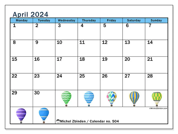 Free printable calendar no. 504 for April 2024. Week: Monday to Sunday.
