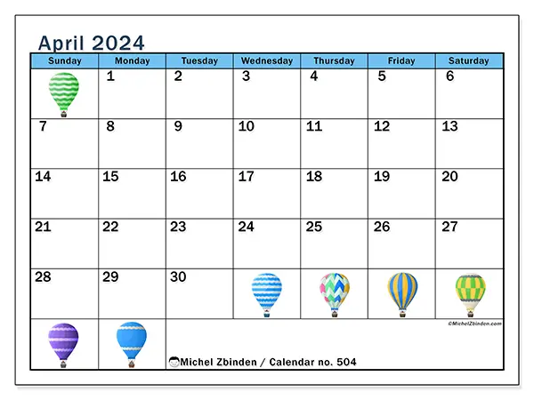 Free printable calendar no. 504 for April 2024. Week: Sunday to Saturday.