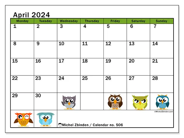 Free printable calendar no. 506 for April 2024. Week: Monday to Sunday.