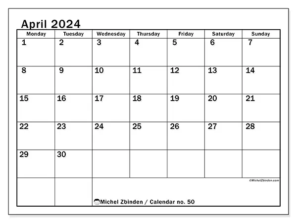 Free printable calendar no. 50 for April 2024. Week: Monday to Sunday.