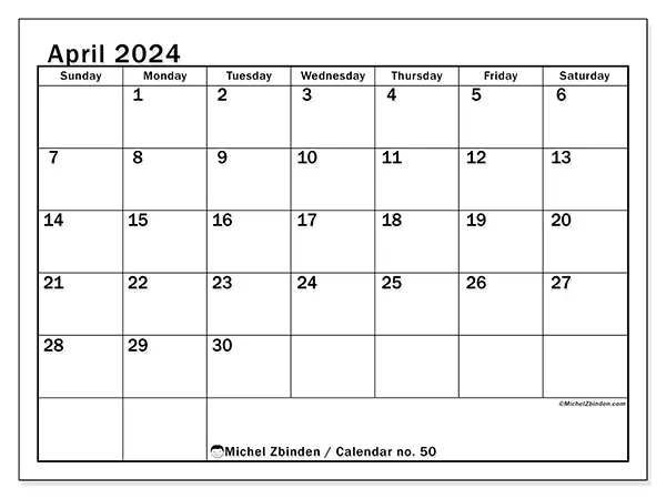 Free printable calendar no. 50 for April 2024. Week: Sunday to Saturday.