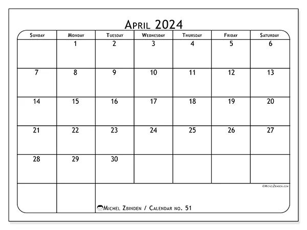 Free printable calendar no. 51 for April 2024. Week: Sunday to Saturday.