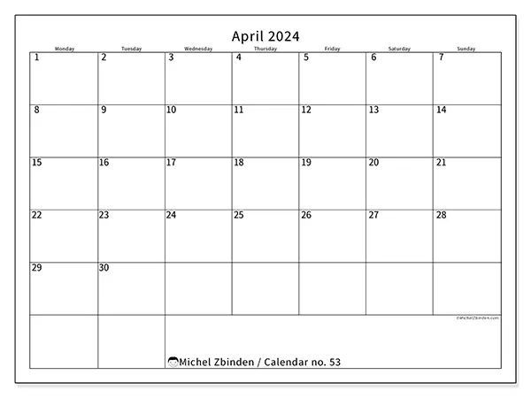 Free printable calendar no. 53 for April 2024. Week: Monday to Sunday.