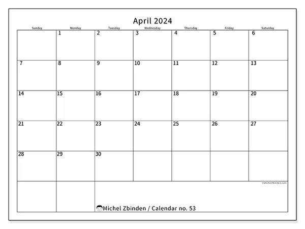 Free printable calendar no. 53 for April 2024. Week: Sunday to Saturday.