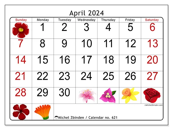 Free printable calendar no. 621 for April 2024. Week: Sunday to Saturday.