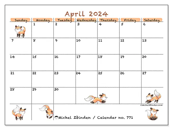 Free printable calendar no. 771 for April 2024. Week: Sunday to Saturday.