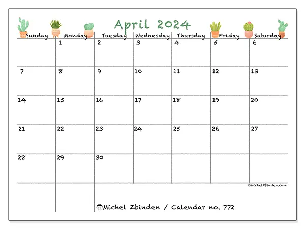 Free printable calendar no. 772 for April 2024. Week: Sunday to Saturday.