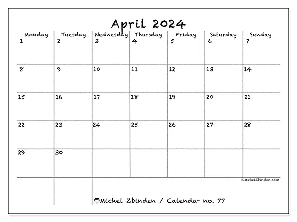 Free printable calendar no. 77 for April 2024. Week: Monday to Sunday.