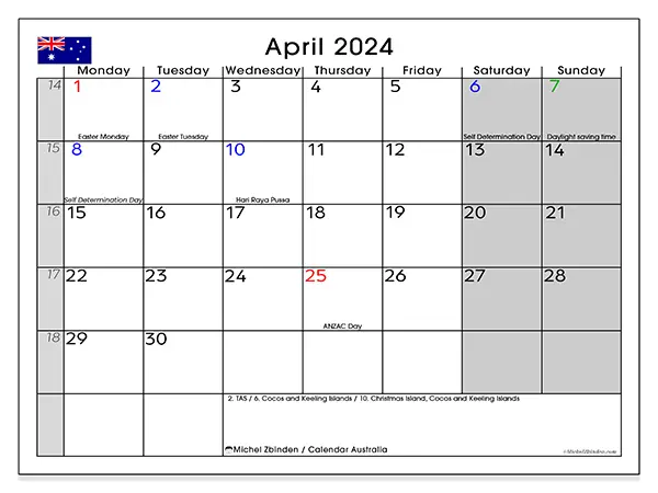 Free printable calendar Australia for April 2024. Week: Monday to Sunday.