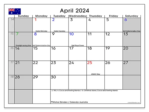 Free printable calendar Australia for April 2024. Week: Sunday to Saturday.