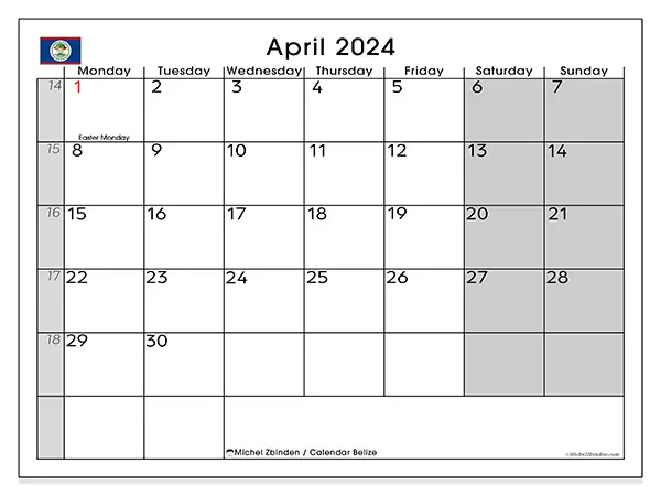 Free printable calendar Belize for April 2024. Week: Monday to Sunday.