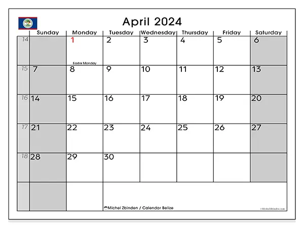 Free printable calendar Belize for April 2024. Week: Sunday to Saturday.
