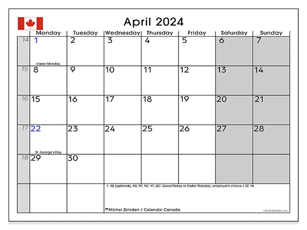 Free printable calendar Canada for April 2024. Week: Monday to Sunday.