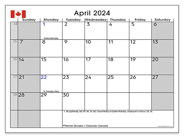 Free printable calendar Canada for April 2024. Week: Sunday to Saturday.