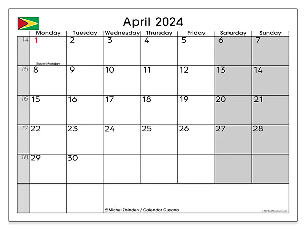 Free printable calendar Guyana, April 2025. Week:  Monday to Sunday