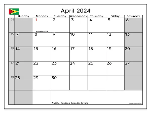 Free printable calendar Guyana for April 2024. Week: Sunday to Saturday.