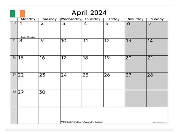 Free printable calendar Ireland for April 2024. Week: Monday to Sunday.