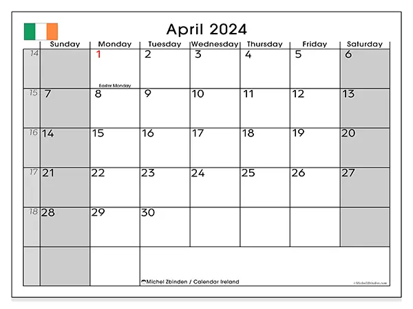 Free printable calendar Ireland for April 2024. Week: Sunday to Saturday.