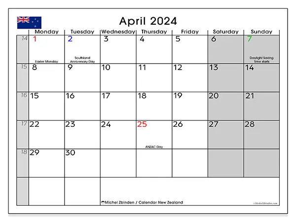 Free printable calendar New Zealand for April 2024. Week: Monday to Sunday.
