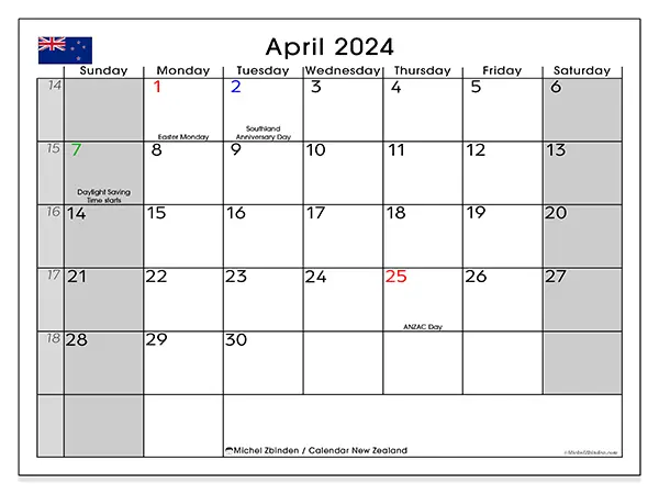 Free printable calendar New Zealand for April 2024. Week: Sunday to Saturday.