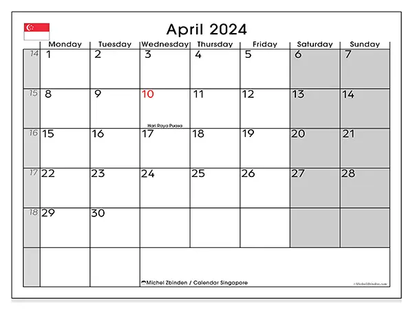 Free printable calendar Singapore for April 2024. Week: Monday to Sunday.