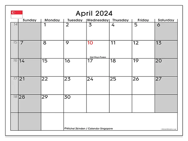 Free printable calendar Singapore for April 2024. Week: Sunday to Saturday.