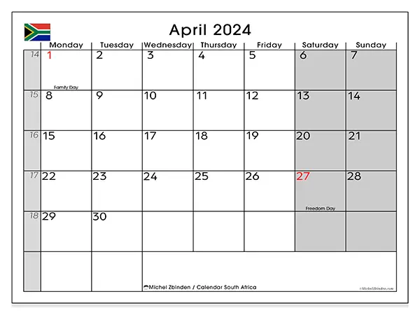Free printable calendar South Africa for April 2024. Week: Monday to Sunday.