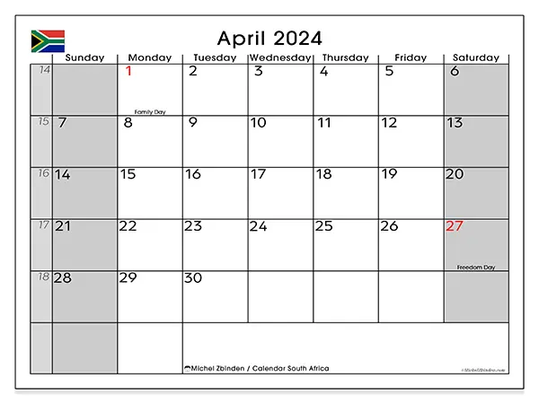 Free printable calendar South Africa for April 2024. Week: Sunday to Saturday.