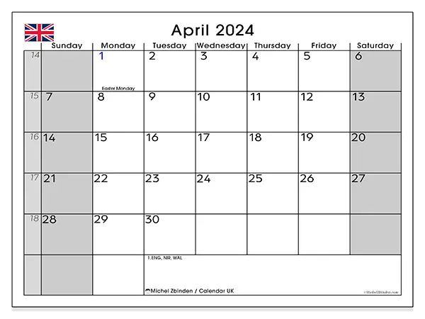 Free printable calendar UK for April 2024. Week: Sunday to Saturday.