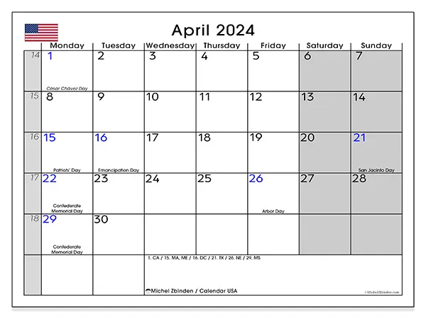Free printable calendar USA for April 2024. Week: Monday to Sunday.