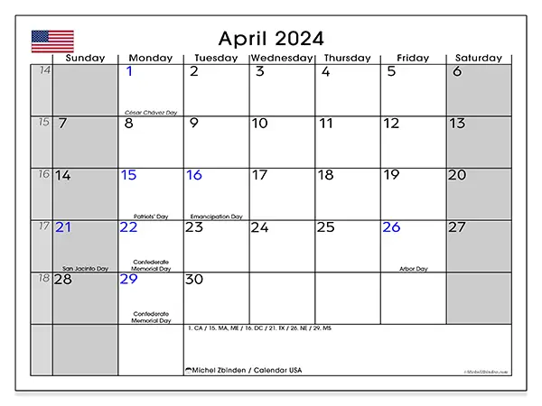 Free printable calendar USA for April 2024. Week: Sunday to Saturday.