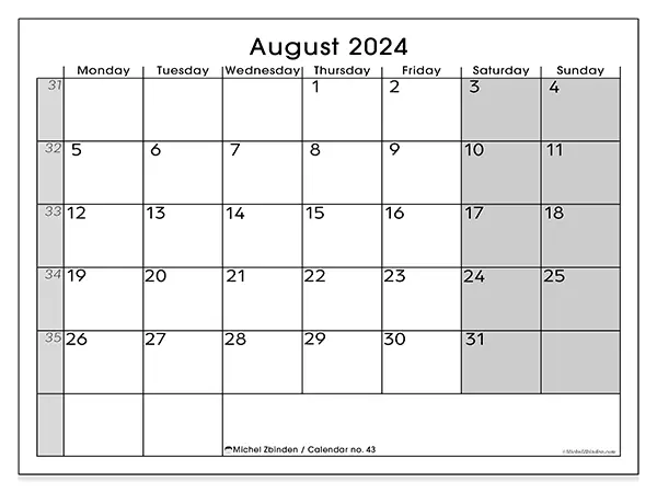 Printable calendar no. 43, August 2024