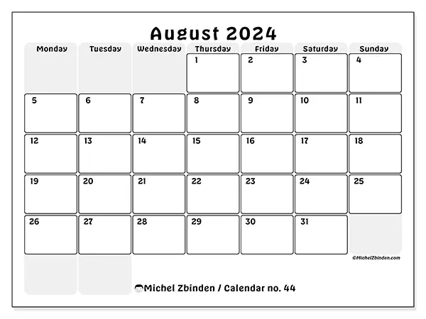 Free printable calendar n° 44 for August 2024. Week: Monday to Sunday.