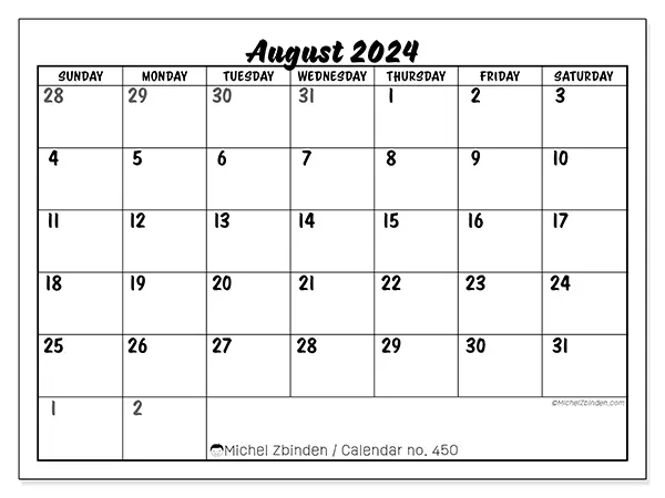 Free printable calendar n° 450 for August 2024. Week: Sunday to Saturday.