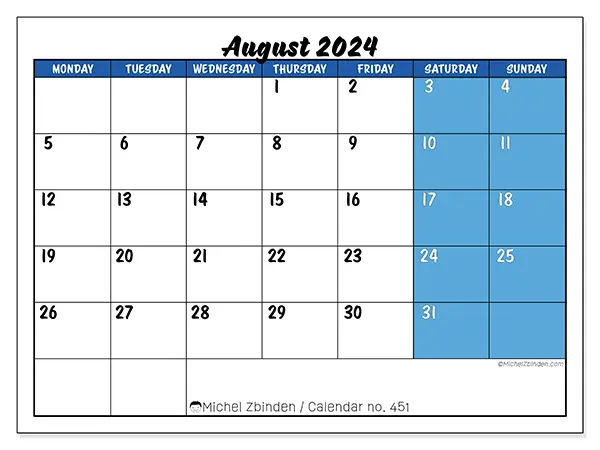 Free printable calendar n° 451 for August 2024. Week: Monday to Sunday.
