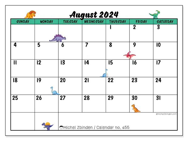Free printable calendar n° 455 for August 2024. Week: Sunday to Saturday.