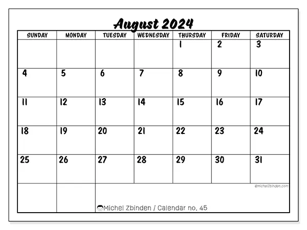 Printable calendar no. 45, August 2024