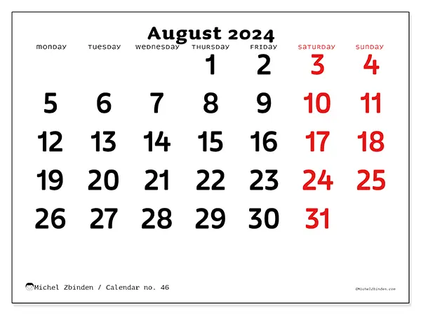 Free printable calendar no. 46 for August 2024. Week: Monday to Sunday.