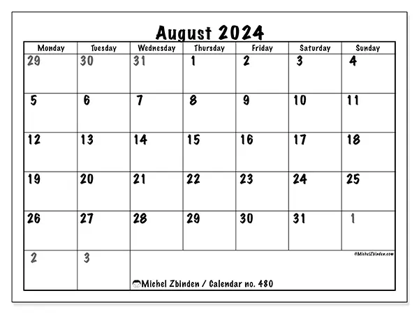 Printable calendar no. 480, August 2024