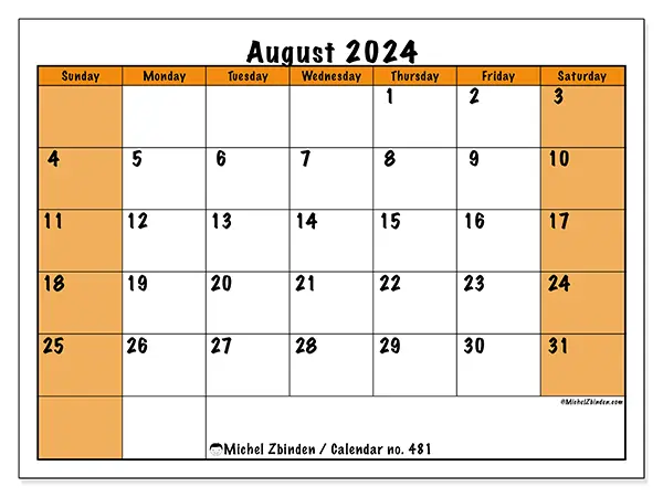 Free printable calendar no. 481 for August 2024. Week: Sunday to Saturday.