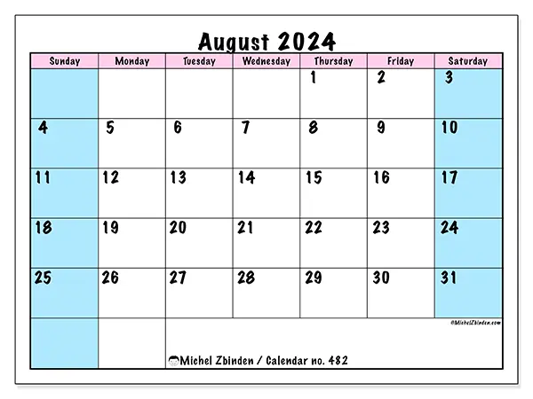 Free printable calendar no. 482 for August 2024. Week: Sunday to Saturday.