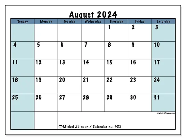 Free printable calendar no. 483 for August 2024. Week: Sunday to Saturday.