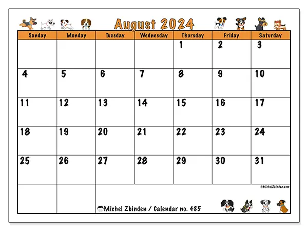 Free printable calendar no. 485 for August 2024. Week: Sunday to Saturday.