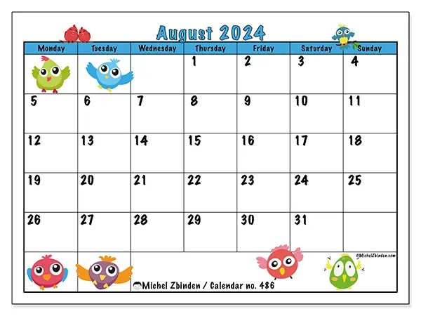 Free printable calendar no. 486 for August 2024. Week: Monday to Sunday.