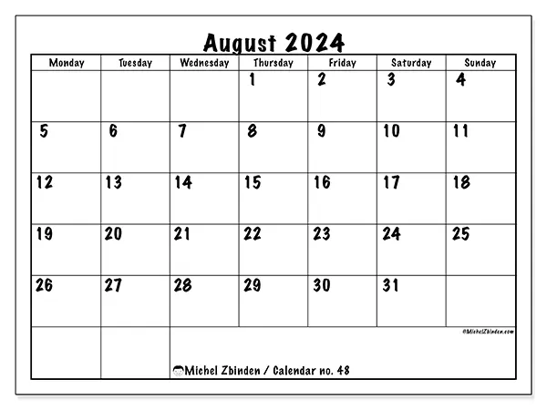 Printable calendar no. 48, August 2024