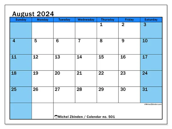Free printable calendar no. 501 for August 2024. Week: Sunday to Saturday.